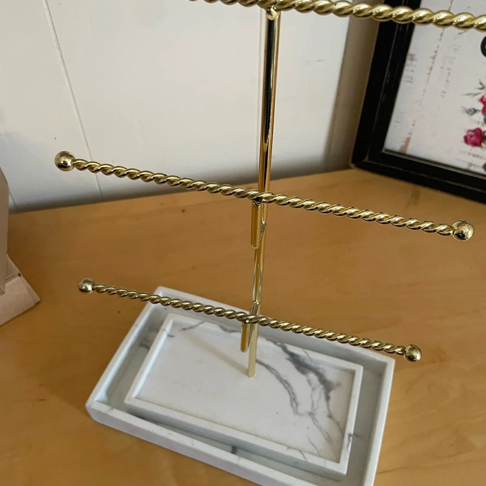 Gold and White Vanity Tray and Jewelry Holder with Faux Marble Finish